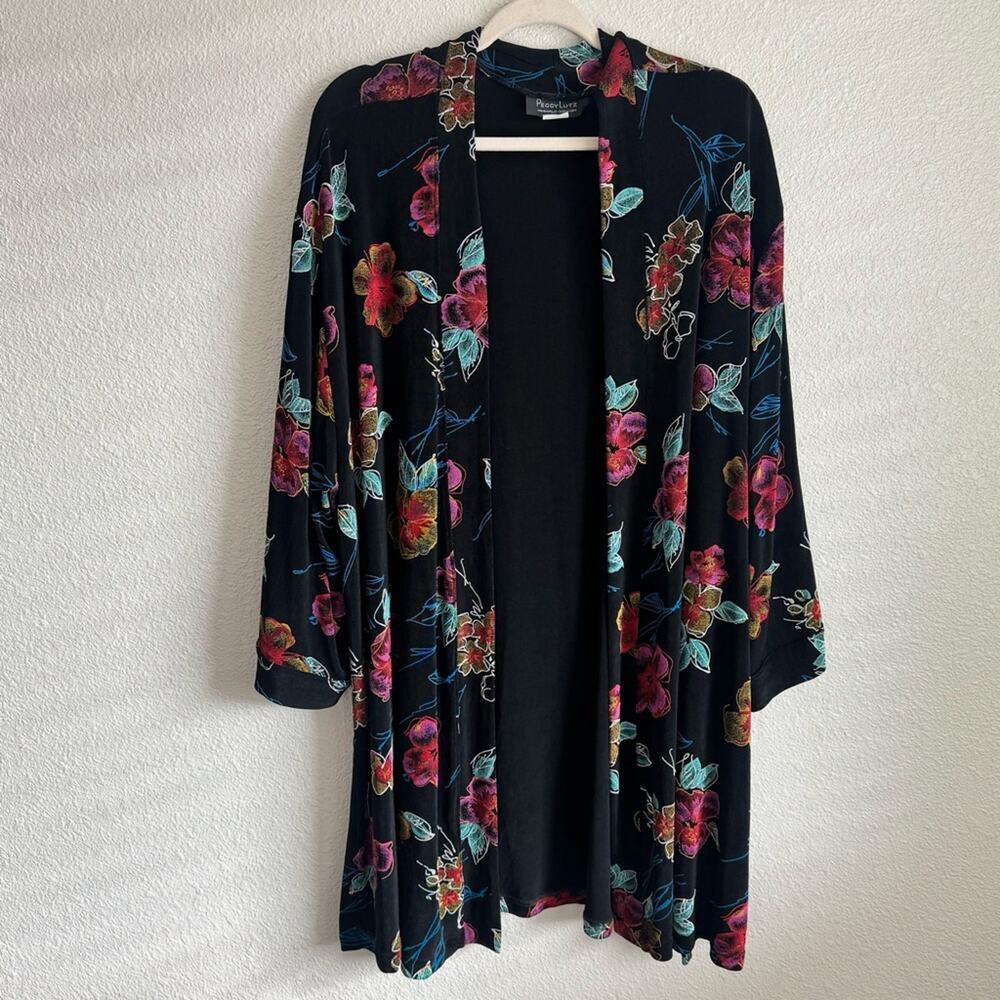 VTG Peggy Lutz Womens Small Slinky Stretch Traveler Floral Slouchy Cardigan Boho